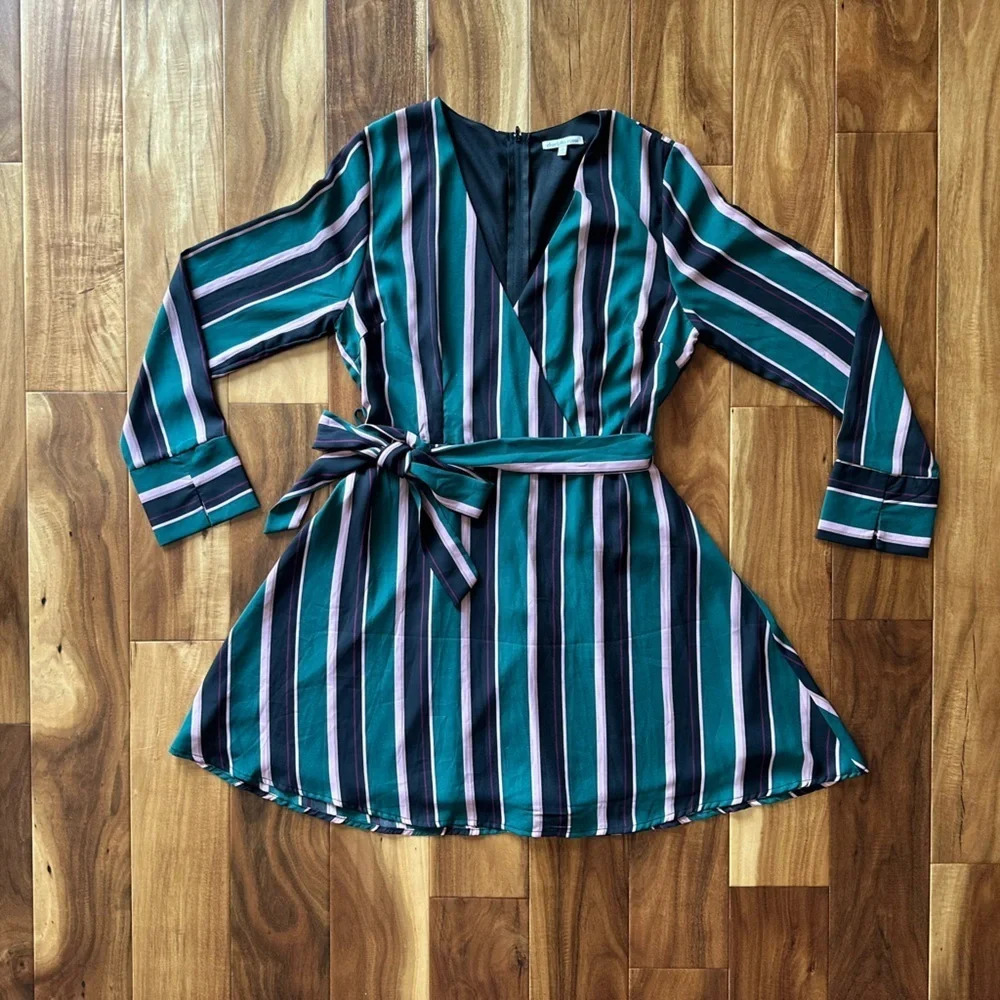 Striped Wrap Tie-Waist Dress in Teal and Navy